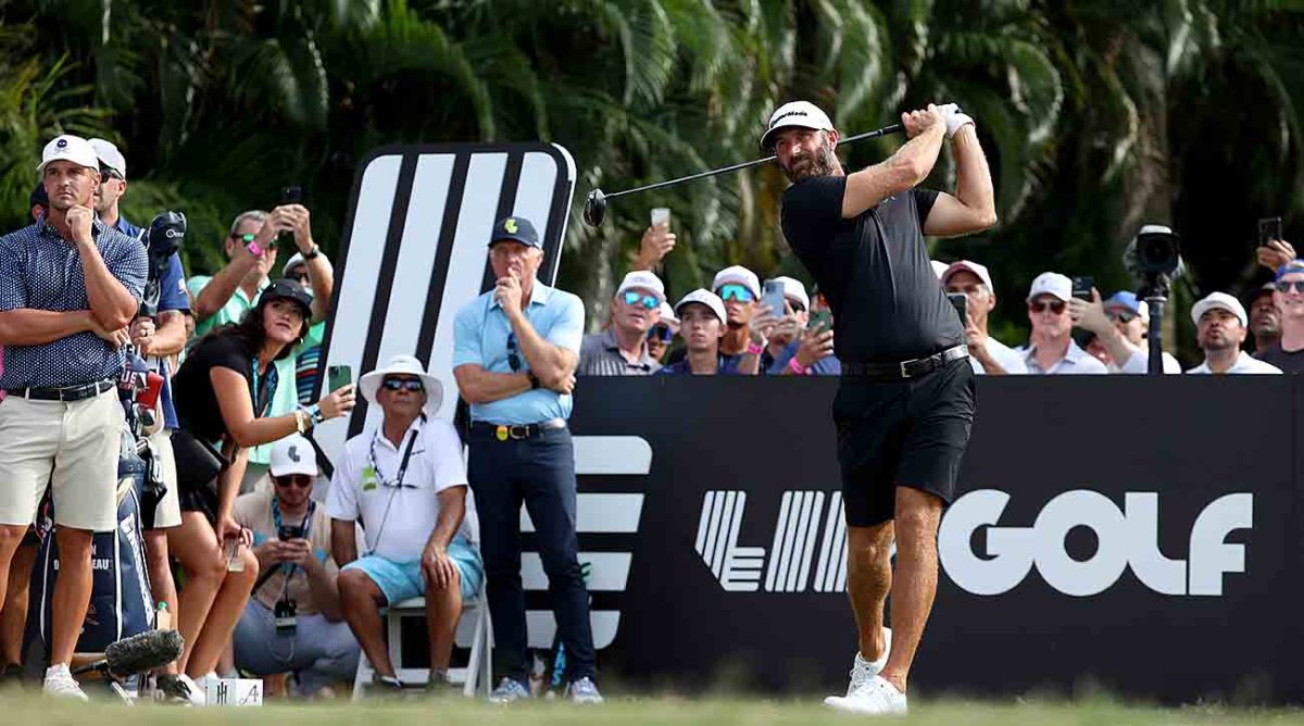 Dustin Johnson of 4Aces GC hits his shot from the 10th tee during Day Three of the LIV Golf Miami Team Championship at Trump National Doral on Oct. 22, 2023.